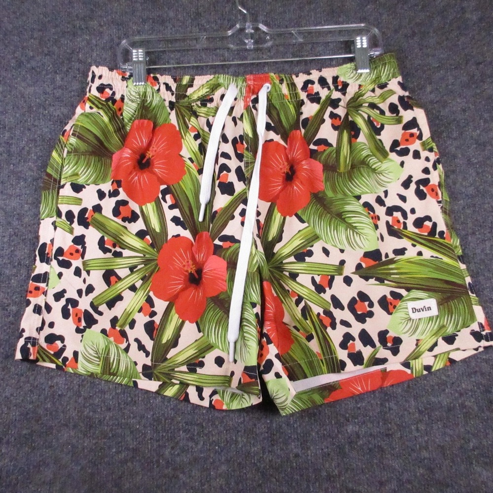 Duvin Swim Shorts Mens Large Multicolor Floral Hawaiian Trunks Leopard Print